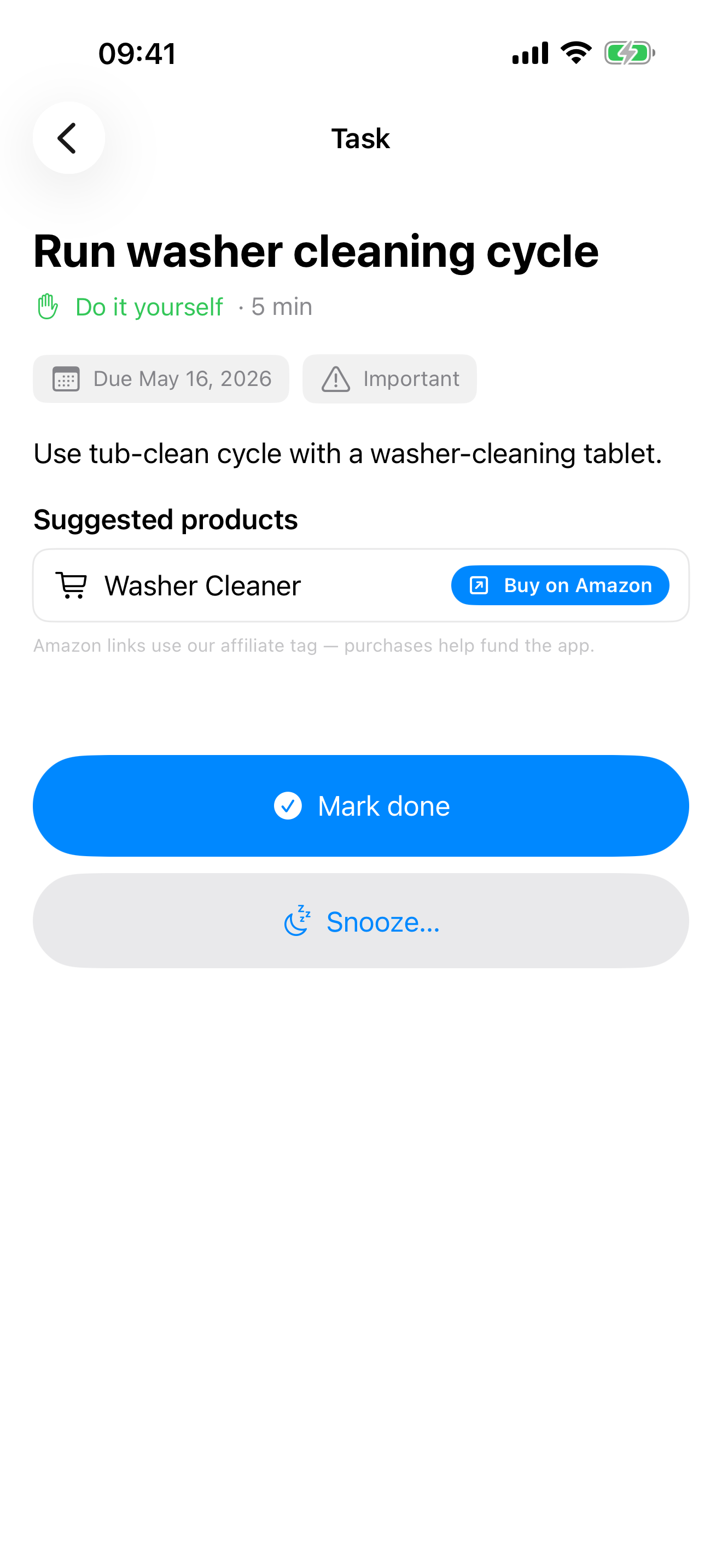 Task detail with Buy on Amazon