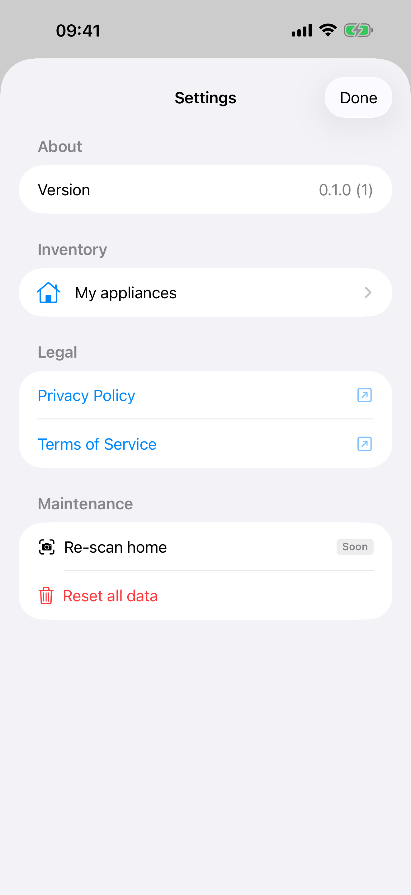 Settings sheet